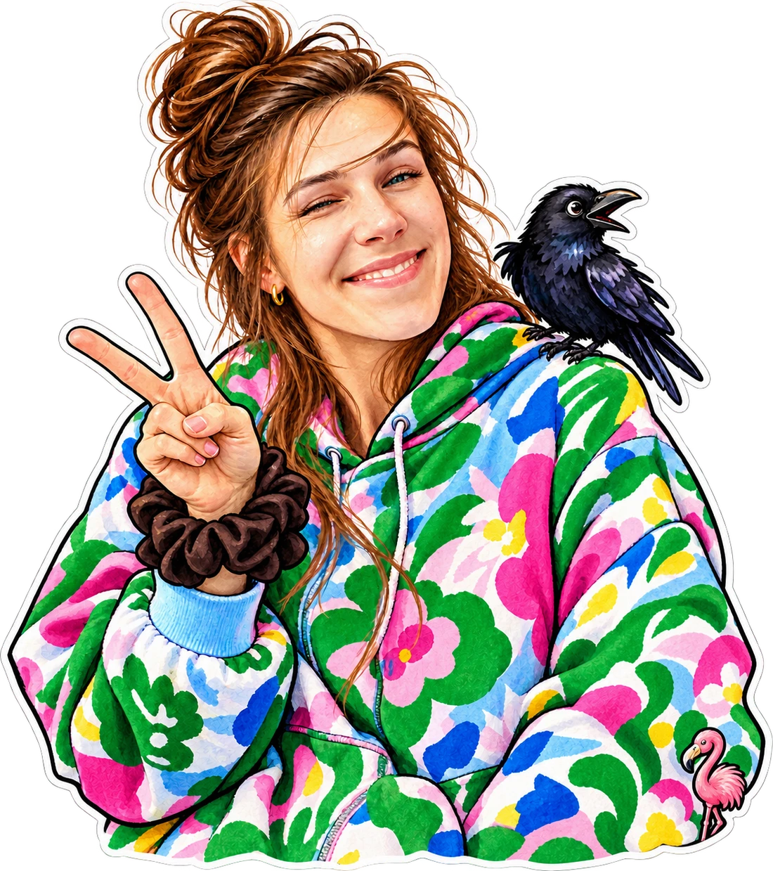 Ilustracja uśmiechniętej Agi w kwiecistej bluzie, z czarną wroną i różowym flamingiem